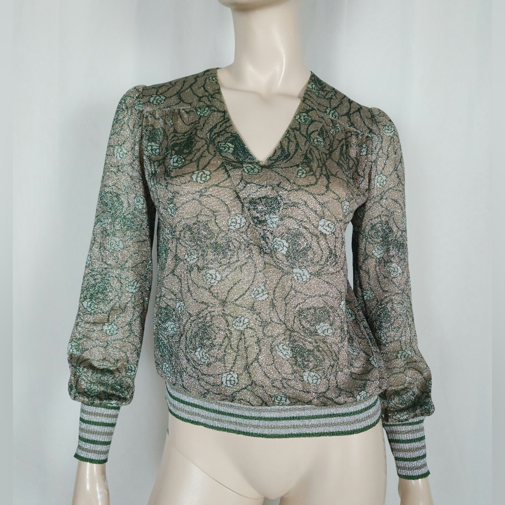 Vtg 70s metallic lurex knit roses top green XS-SM
